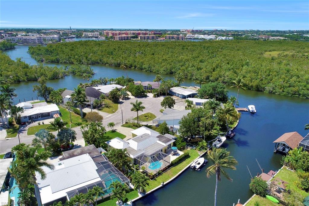 Aerial view of the canal, neighborhood and mangrove basin